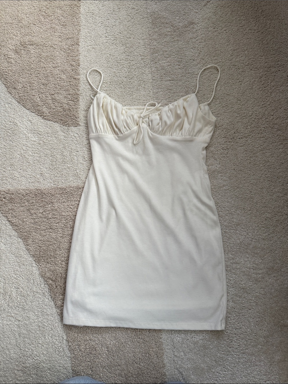 White Fox Boutique Cream Mini Dress with Ruched Bust